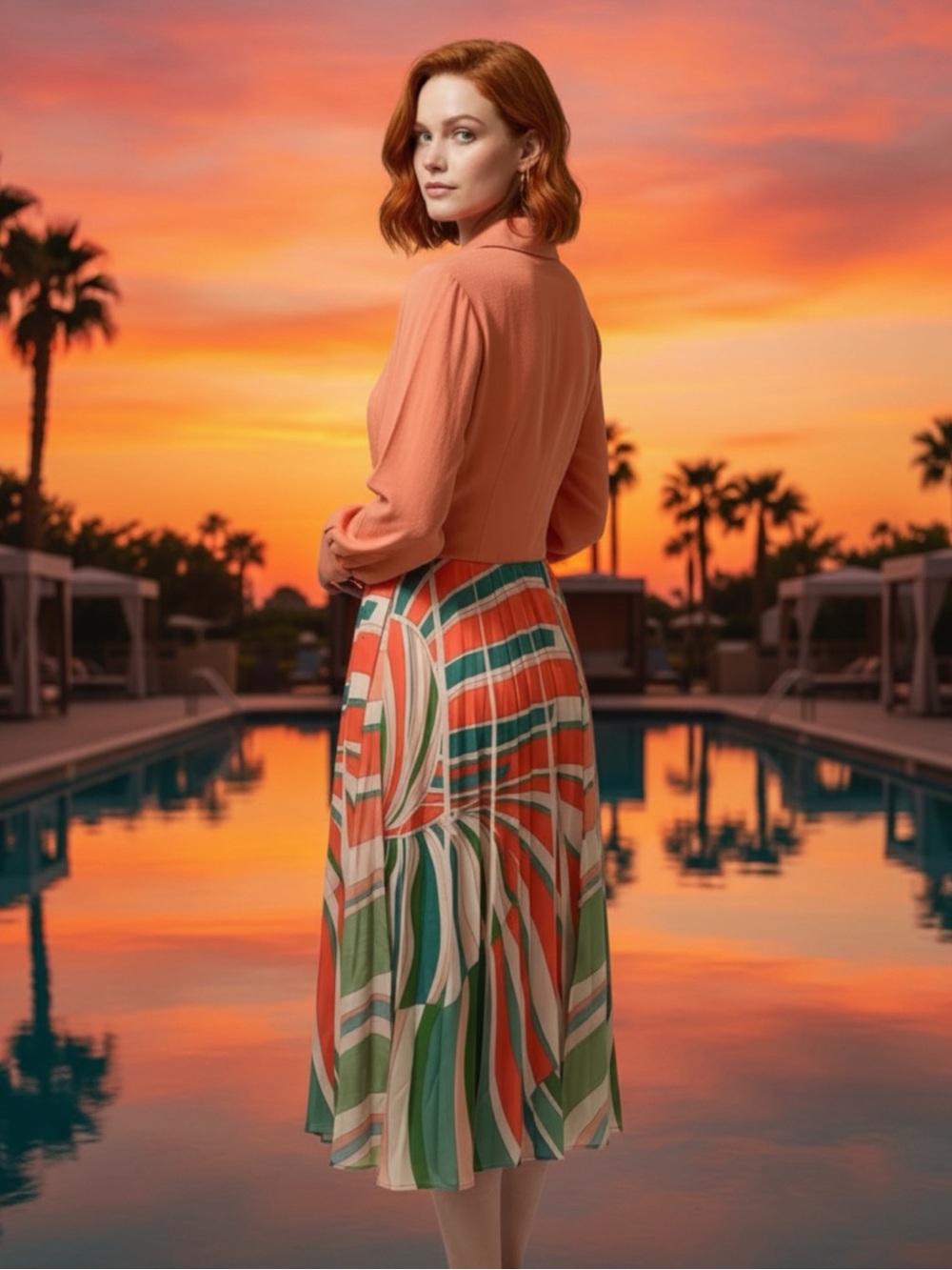 Emilio Pucci Coral Pink Knee Length Dress with White, Green and Pink Striped